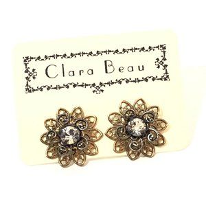 Clara Beau Swarovski Crystals Earrings- Gold Tone W/ Silver Accents Flower- Post
